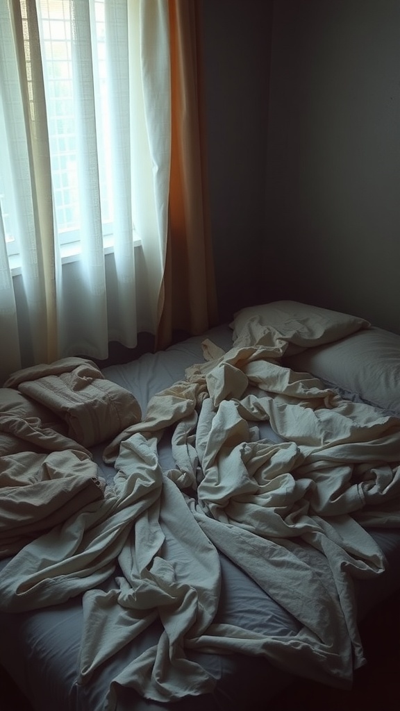 A messy, unmade bed with crumpled sheets and pillows in a softly lit room.