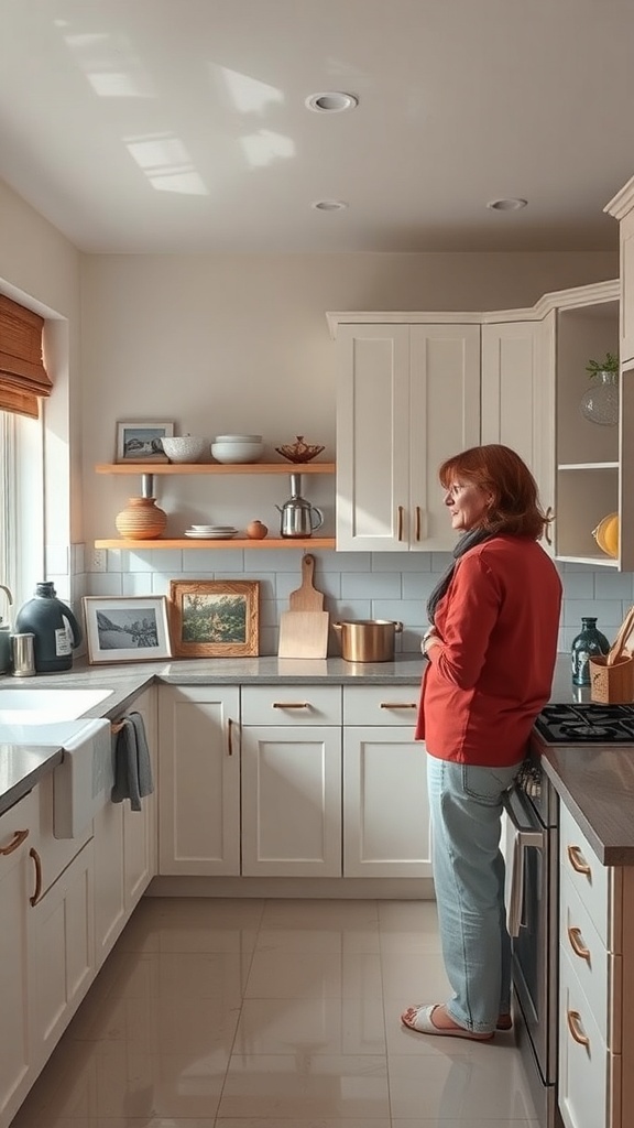 A woman standing in a bright kitchen with minimal decorations.