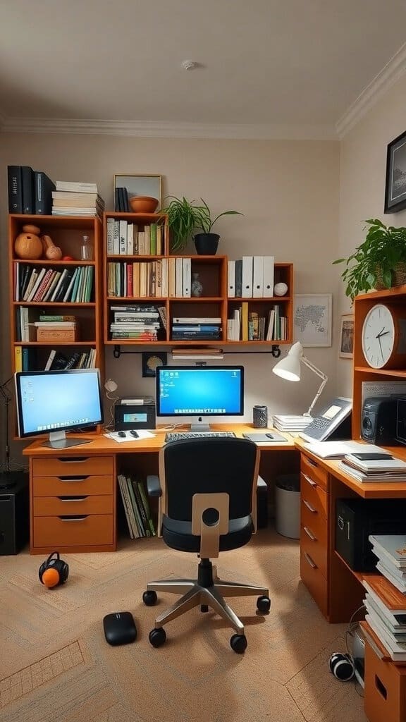 A cozy home office setup with wooden furniture, two monitors, bookshelves filled with books and plants, and a comfortable chair.