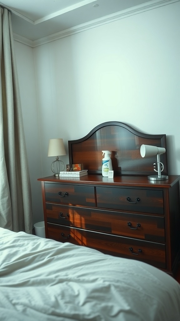 A tidy bedroom with a wooden dresser, lamp, and cleaning spray on top.