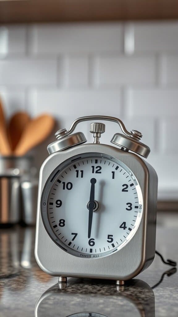 A silver kitchen timer on a countertop with a blurred background of kitchen utensils.