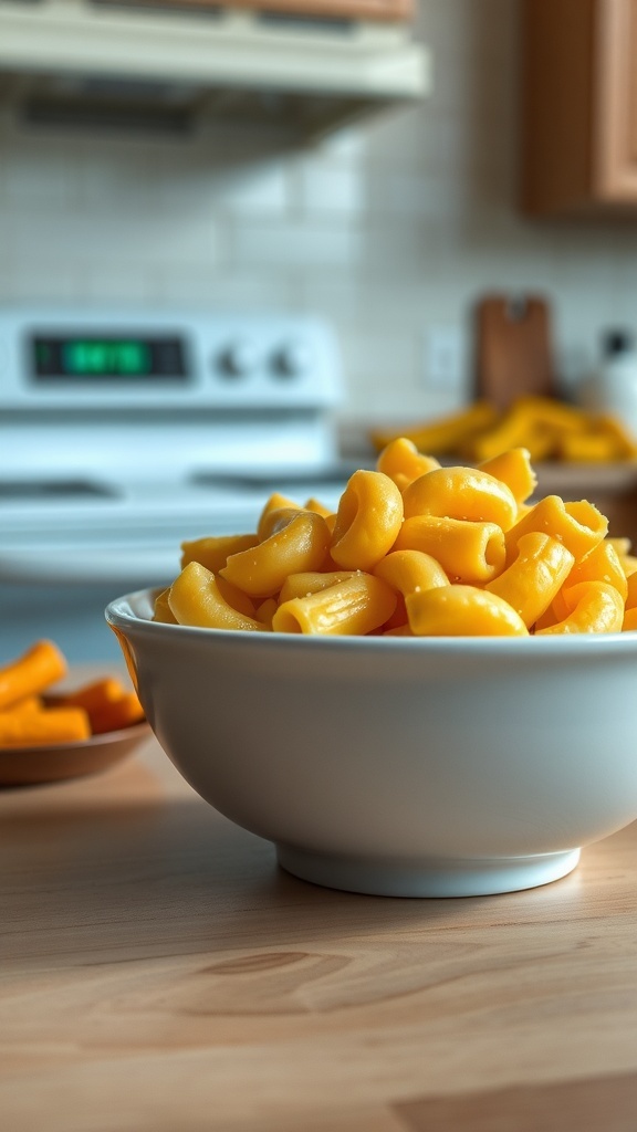 A bowl of macaroni and cheese, showcasing a creamy and cheesy dish.