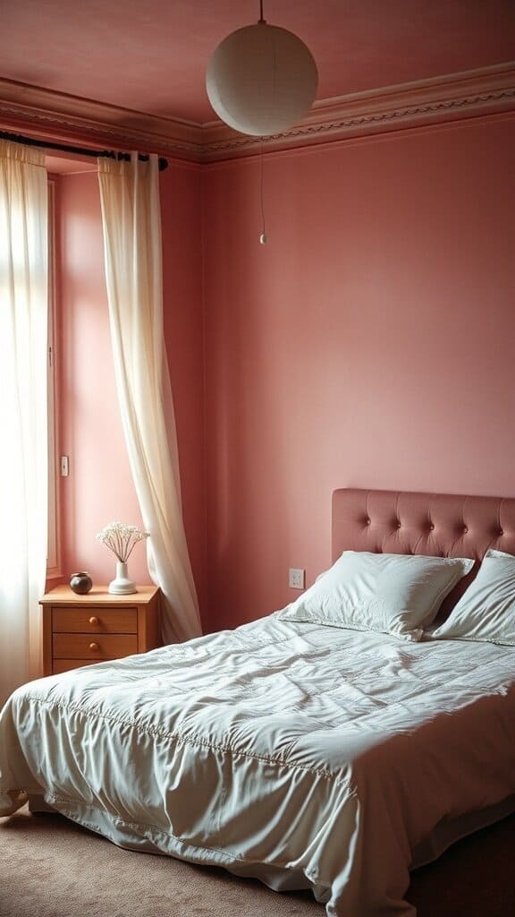 A cozy bedroom with dusty rose walls, a bed with light bedding, and sheer curtains.