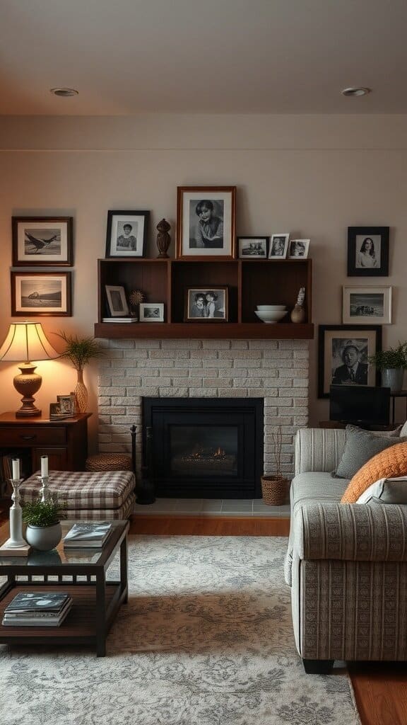 Cozy living room with framed photos, a lamp, and a fireplace