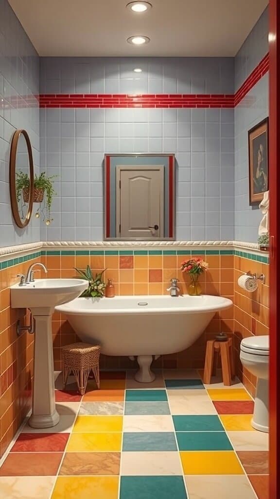 A colorful bathroom with blue walls, red accents, and a multicolored tiled floor.