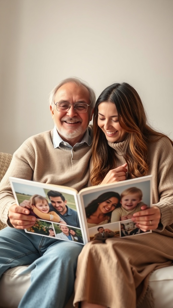 A couple looking at a photo album, smiling and enjoying their time together.