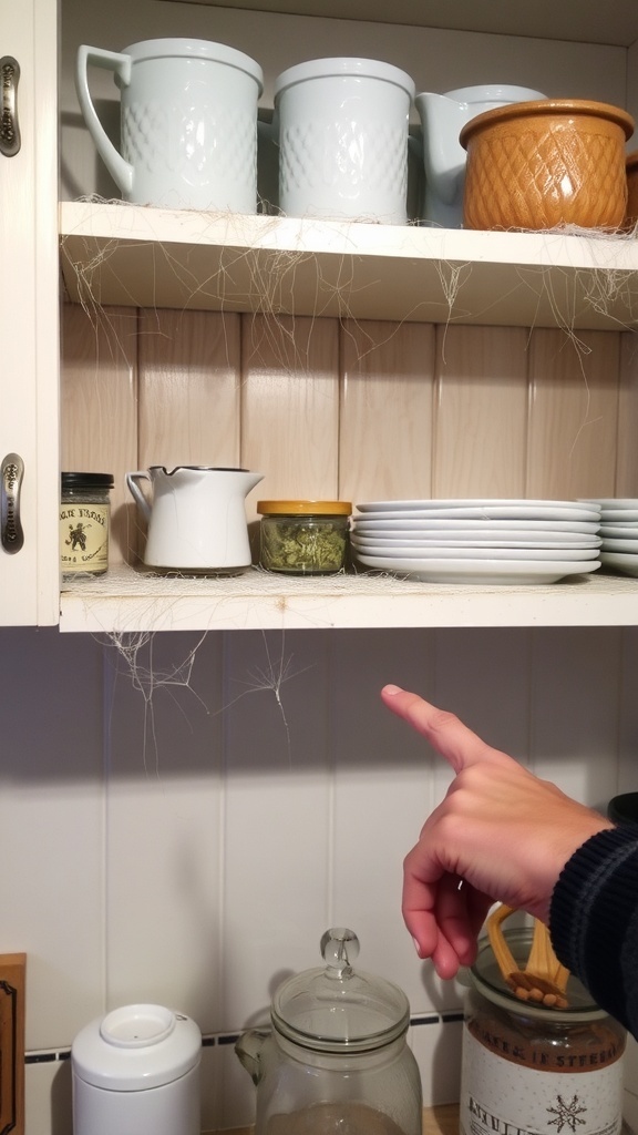 Dusty kitchen shelves with dishes and jars, showing neglect and clutter.