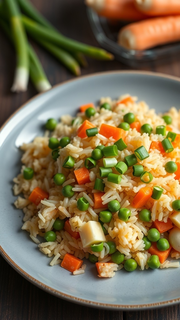 A plate of colorful egg fried rice with carrots, peas, and green onions.