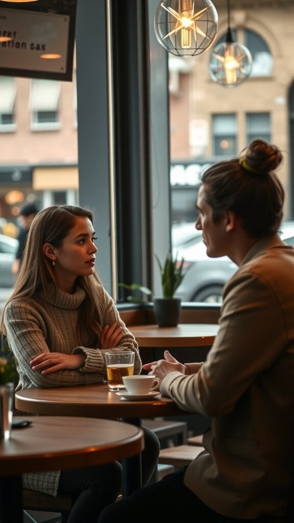 A man and a woman engaged in a serious conversation at a cafe, showing signs of mutual respect through their body language.