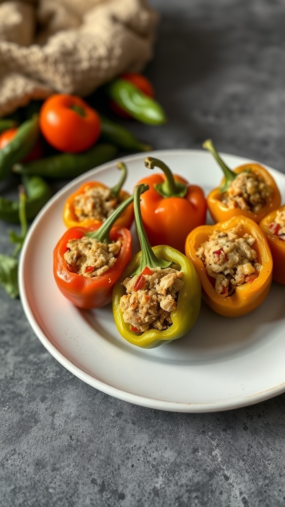 A plate of colorful stuffed peppers filled with a mixture of rice and meat.