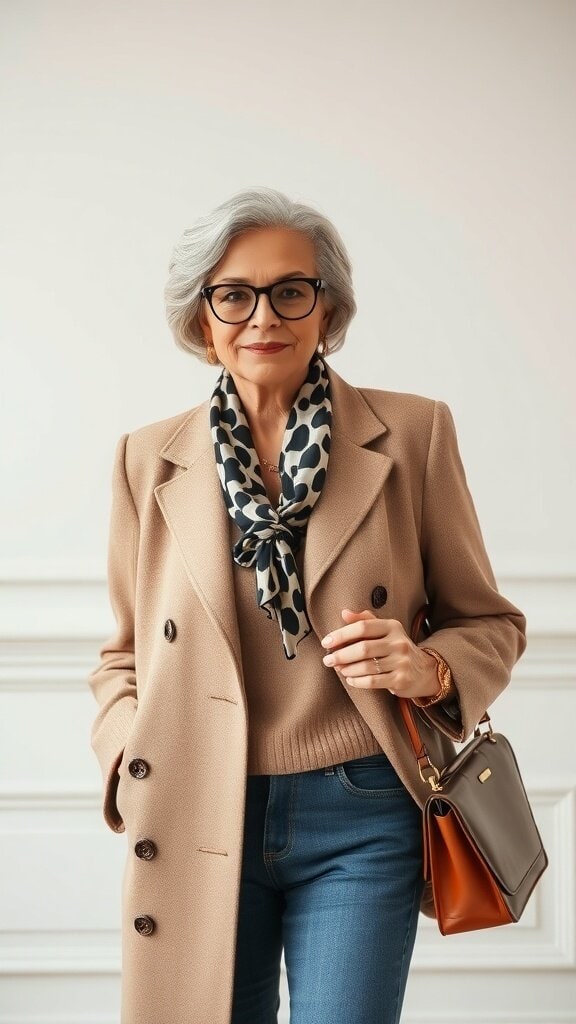 A stylish older woman wearing a beige coat and scarf, looking confident and fashionable.