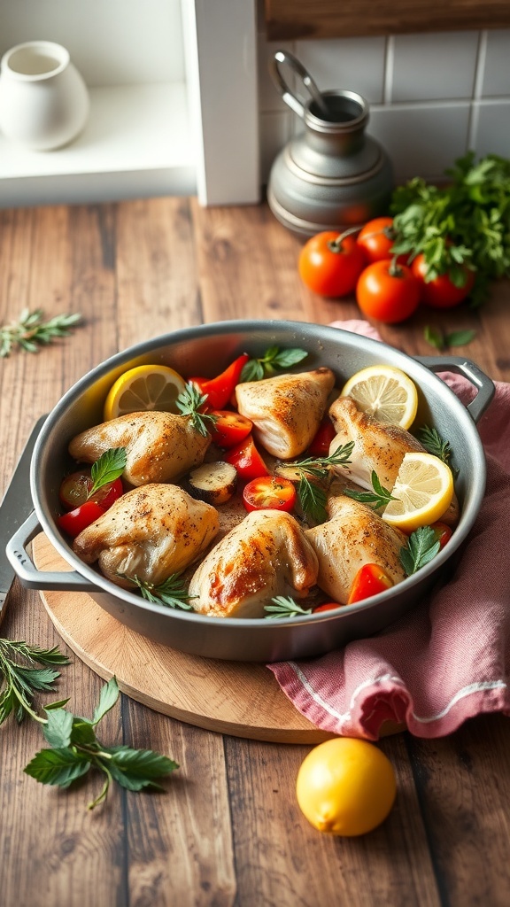 A pan of lemon garlic chicken with tomatoes and herbs, ready to be cooked.
