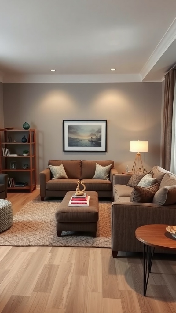 A cozy living room with two sofas, a coffee table, and a warm color palette.