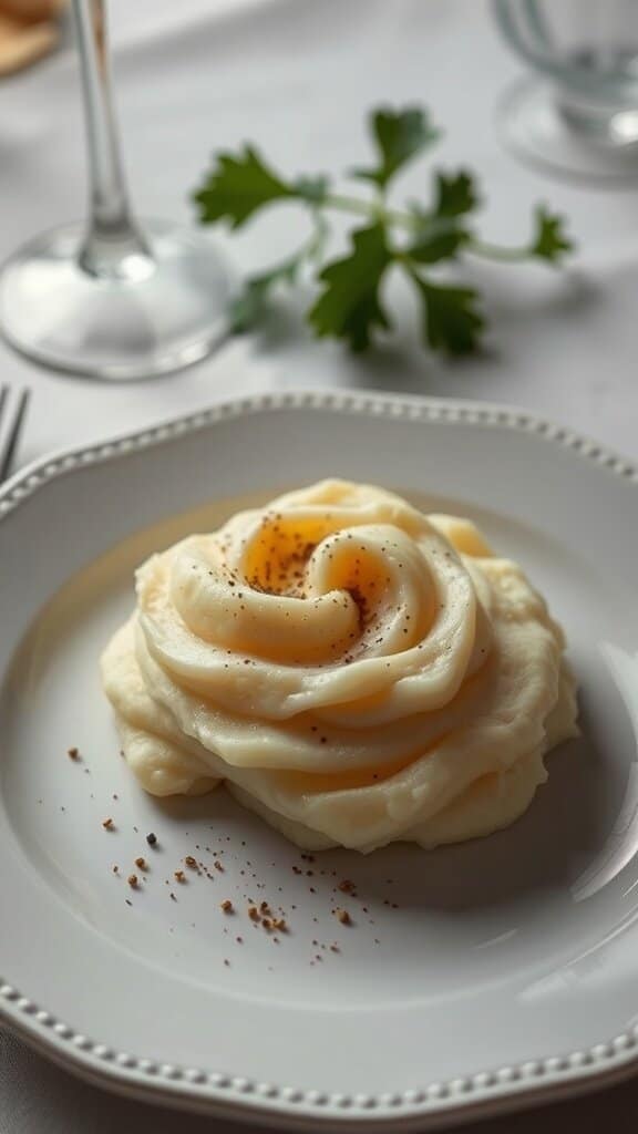 A plate of unseasoned mashed potatoes shaped like a rose, garnished with pepper.