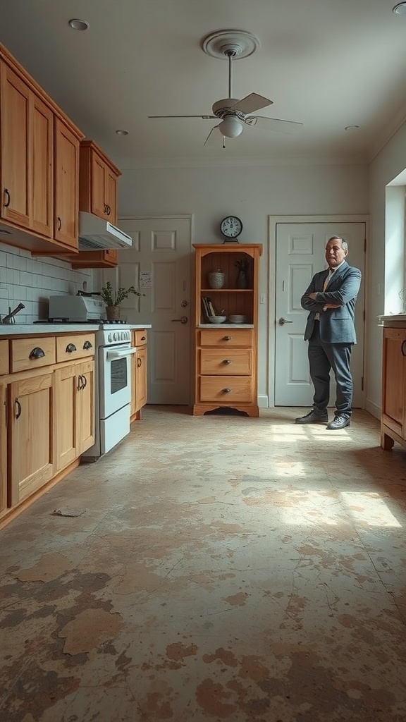 A kitchen with old flooring and wooden cabinets, featuring a man in a suit standing in the room.