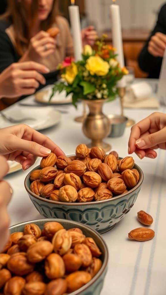 A table set for a baby shower with bowls of overly spiced nuts and guests reaching for them.
