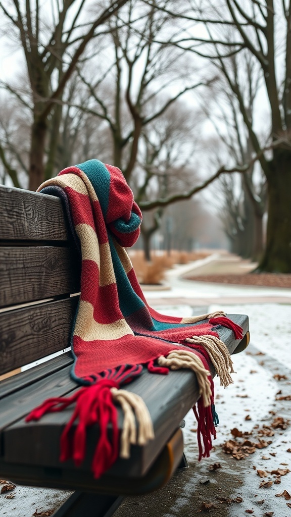 A colorful scarf draped over a wooden bench in a winter setting.