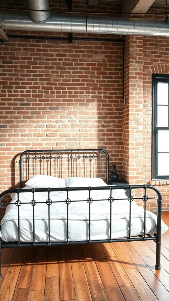 A stylish industrial chic bedroom featuring a metal bed frame against a brick wall.