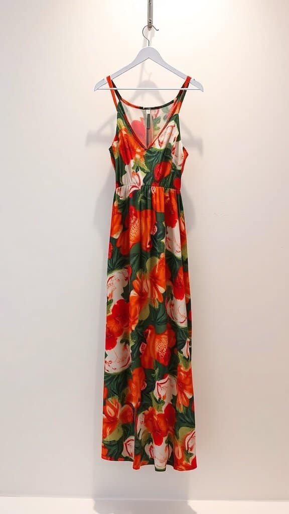 A brightly printed maxi dress with floral patterns hanging on a hanger.