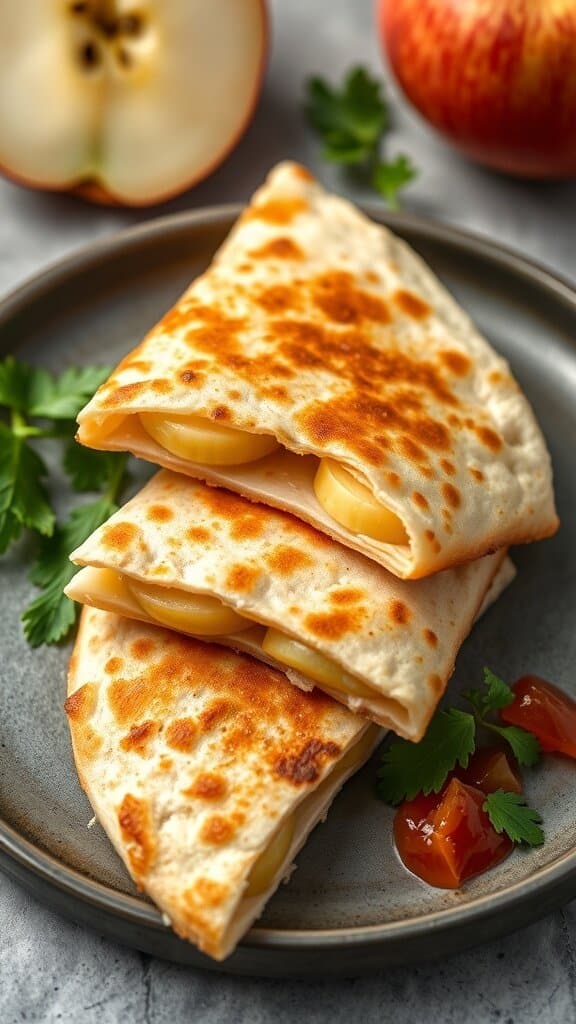 Apple and cheese quesadillas on a plate with fresh apple slices and cilantro