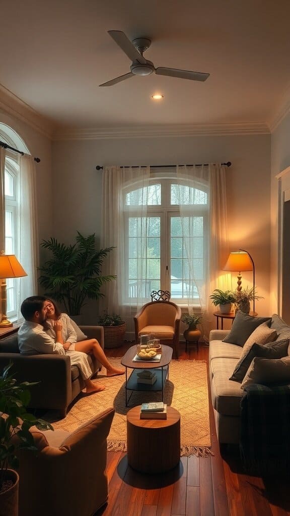 A cozy living room with a couple enjoying each other's company, featuring comfortable seating, warm lighting, and plants.