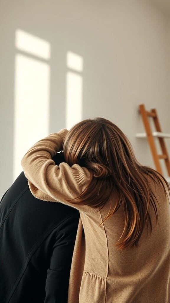 A woman resting her head on a man's shoulder, showing a moment of comfort and connection.