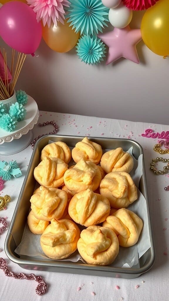 A tray of cheesy puffed pastries, golden and fluffy, set against a festive backdrop with balloons and decorations.