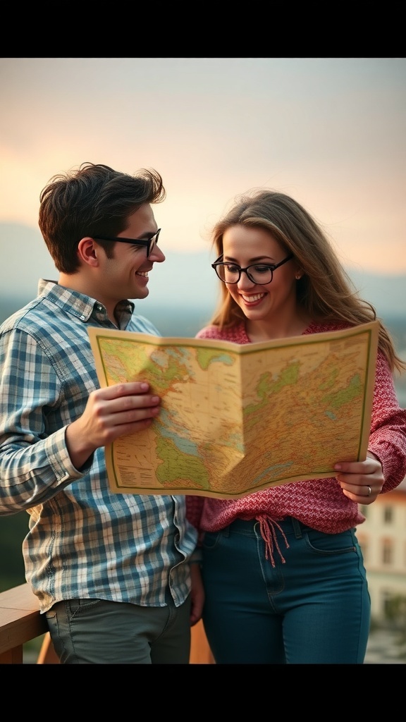 A couple looking at a map, smiling and planning future dates together.