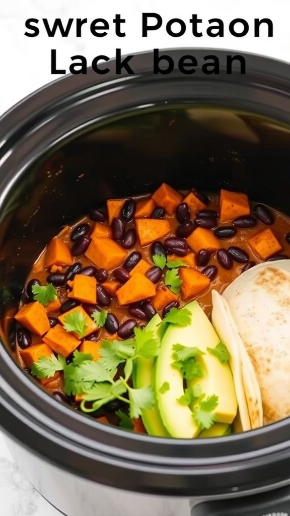 Crockpot filled with diced sweet potatoes, black beans, and fresh cilantro, ready for tacos.