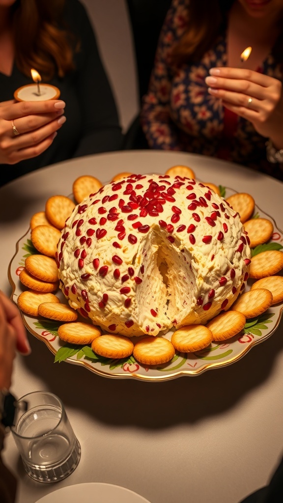 A festive cheese ball surrounded by crackers, ready for a gathering.