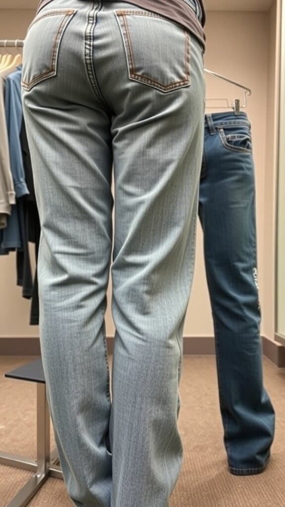 A person trying on light-wash jeans in a fitting room, showing an unflattering cut.