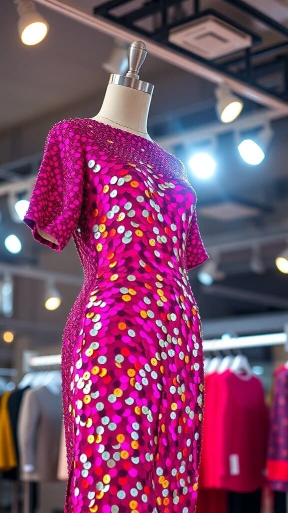 A mannequin displaying a bright pink dress covered in sequins, set against a stylish background.