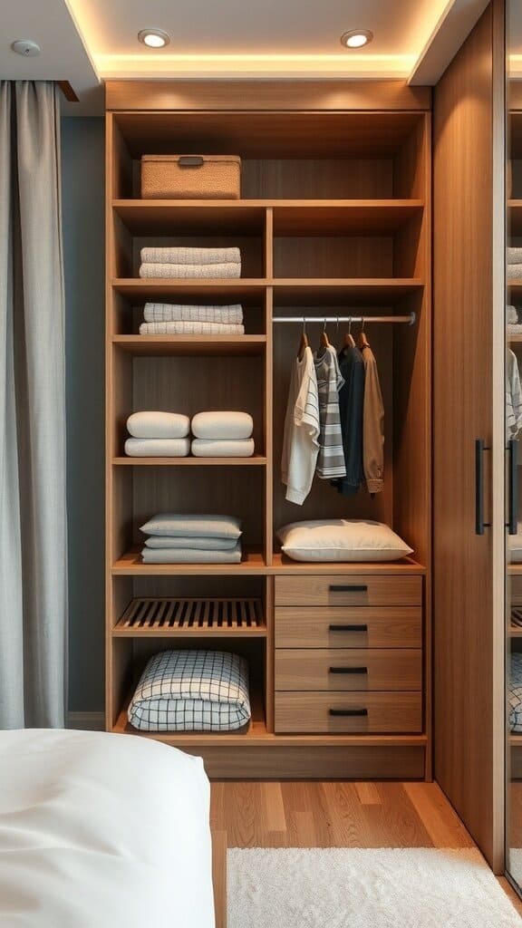Wooden wardrobe with adjustable shelving and drawers, showcasing neatly folded towels and hanging clothes.
