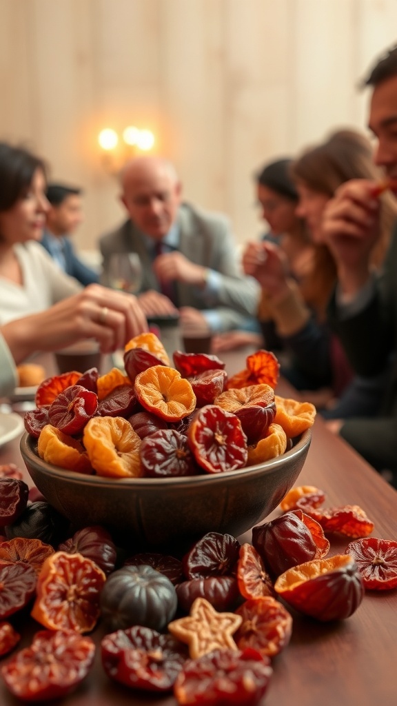 A bowl of dried fruit medley with various dried fruits and nuts on a table with people enjoying appetizers.