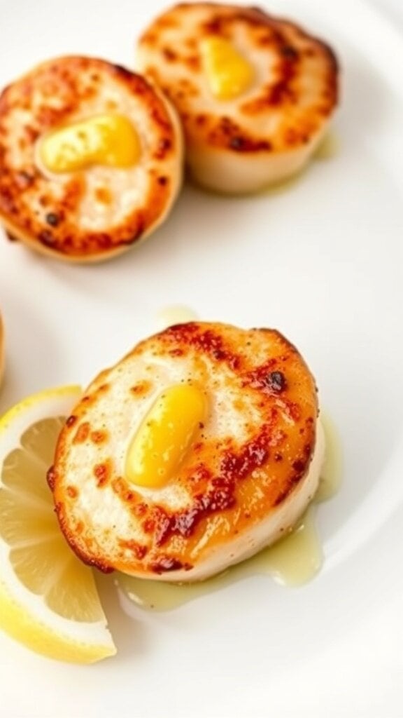 Seared scallops with garlic butter and lemon wedges on a white plate