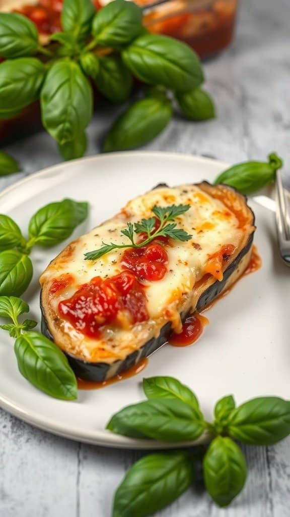 A slice of baked eggplant parmesan topped with melted cheese and fresh basil on a plate.