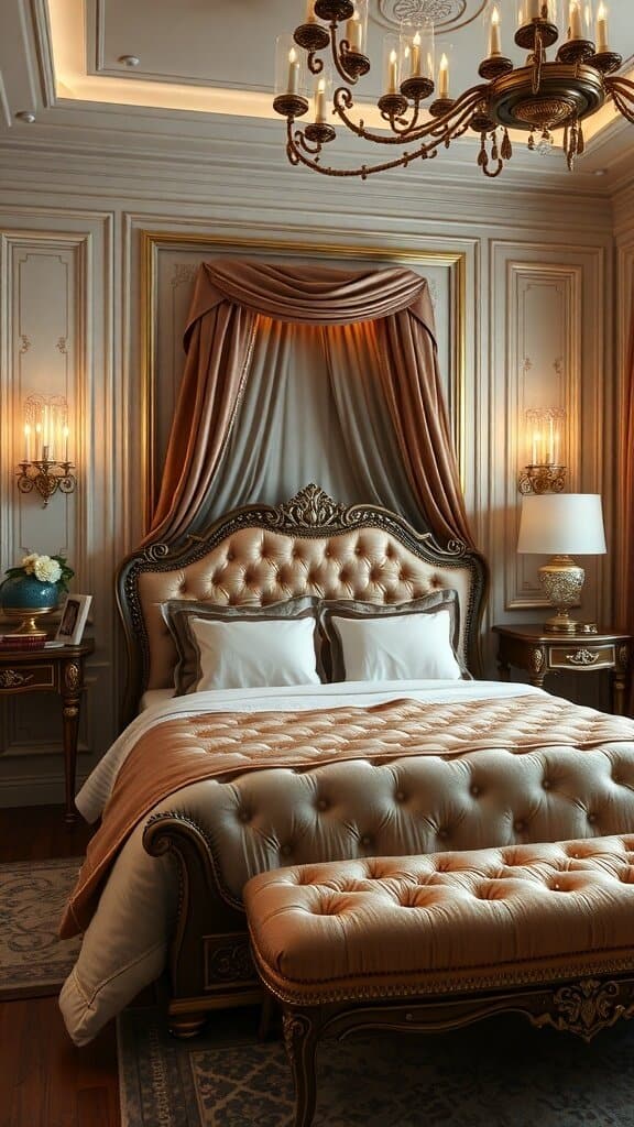 Luxurious bedroom featuring a tufted bed, elegant bedding, and rich textures