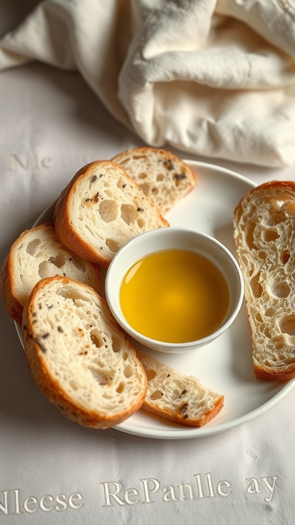 Slices of stale bread with a bowl of olive oil dip on a plate.