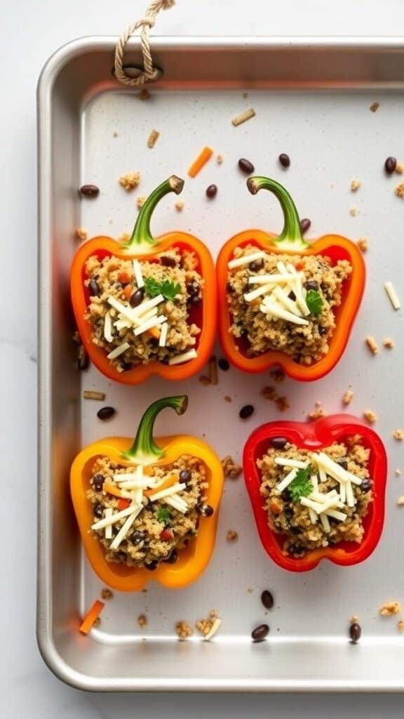 Stuffed bell peppers filled with quinoa, black beans, and cheese on a baking tray.