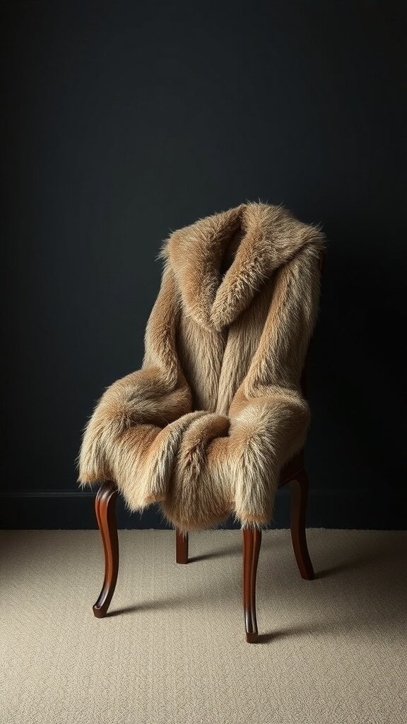 A plush faux fur coat draped over a wooden chair against a dark background.