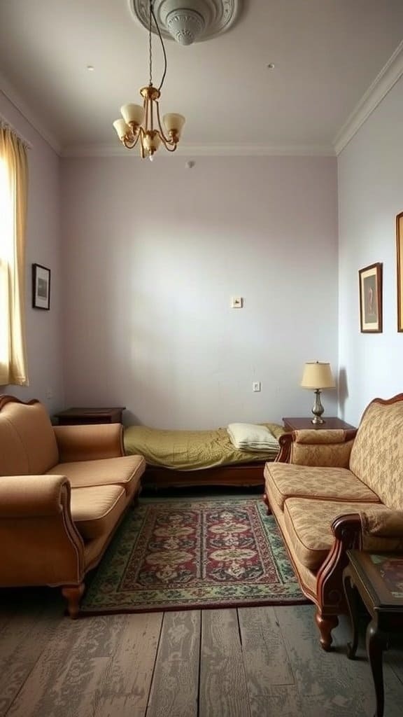 A guest bedroom with old furniture, including faded sofas and an unmade bed.