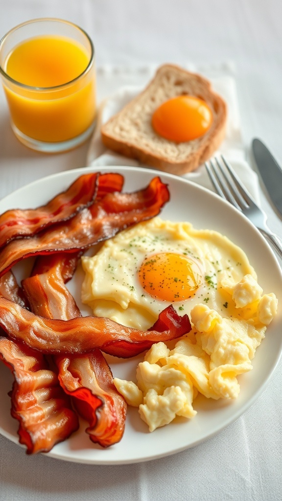 A plate of crispy bacon, scrambled eggs, and a sunny-side-up egg with toast and orange juice