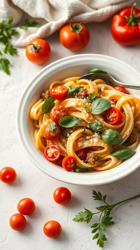 A bowl of Pasta Primavera with cherry tomatoes, zucchini, and fresh basil.