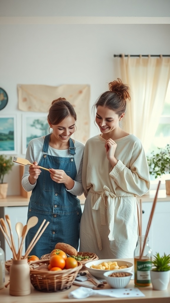 Two women happily cooking together in a bright kitchen, surrounded by fresh ingredients.