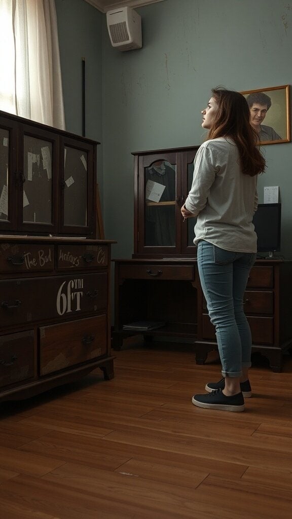 A woman standing in a room with wooden furniture, looking thoughtful about maintenance.
