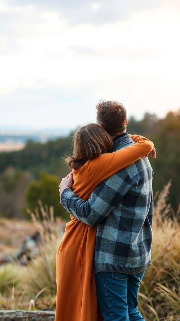 A couple embracing outdoors, showcasing affection and connection.