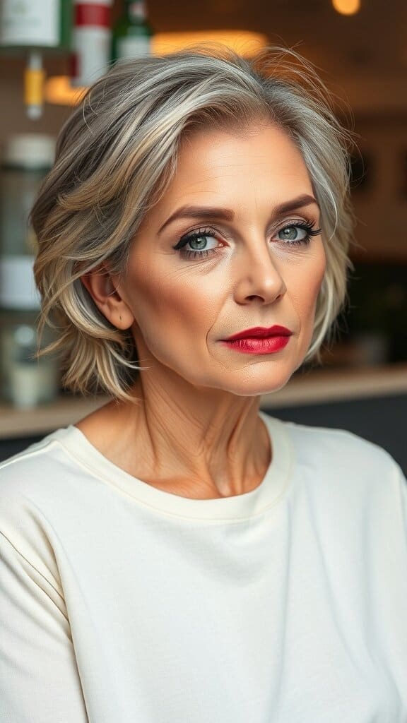 A woman with short silver hair, wearing natural makeup with a bold red lip, showcasing a classy and effortless look.