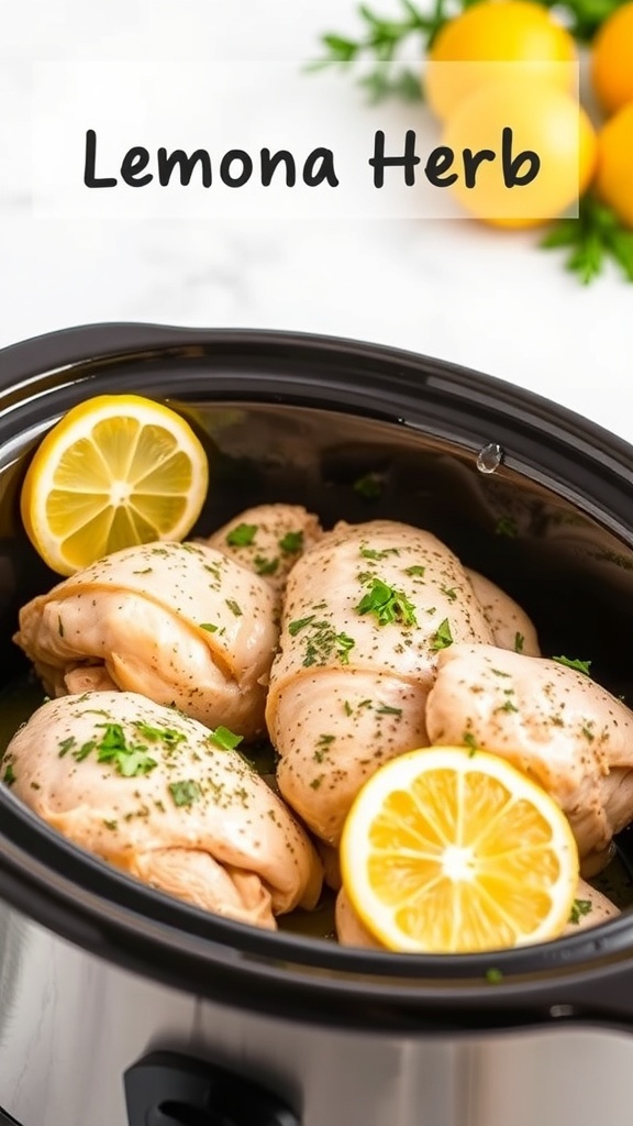 A crockpot filled with Lemon Garlic Herb Chicken, garnished with lemon slices and herbs.