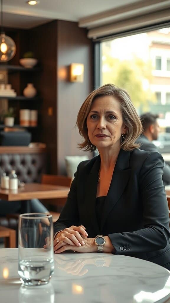 A confident woman sitting at a table, exuding self-assuredness.