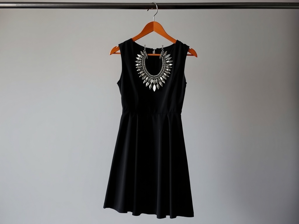 A simple black dress with a decorative necklace hanging on a wooden hanger.